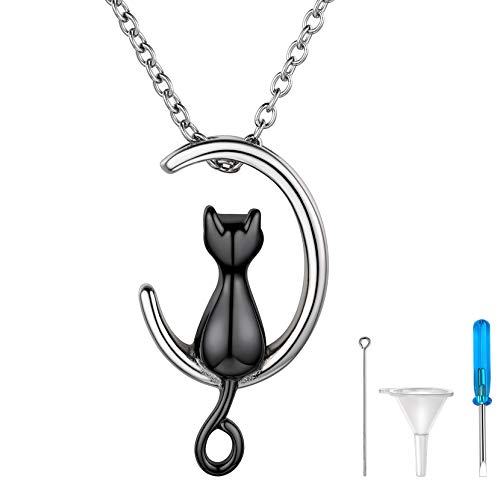 Richsteel Moon Cat Cremation Jewelry for Ashes Human Pets Stainless Steel Keepsake Urn Pendant with 18 Inch Rolo Chain Memorial Gift Waterproof