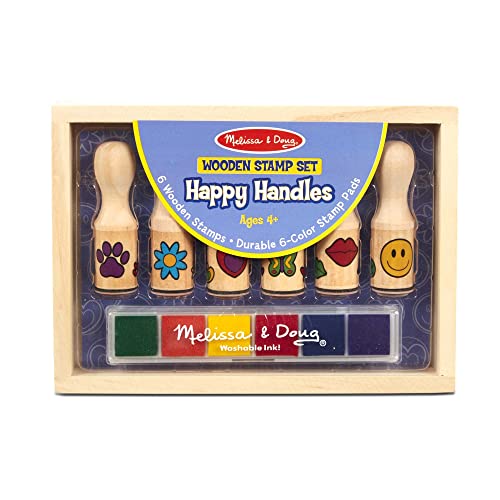 Melissa & Doug Happy Handles Wooden Stamp Set: 6 Stamps and 6-Color Stamp Pad - Kids Stamp Packs With Washable Ink, Easy To Hold Stampers For Kids Ages 4+