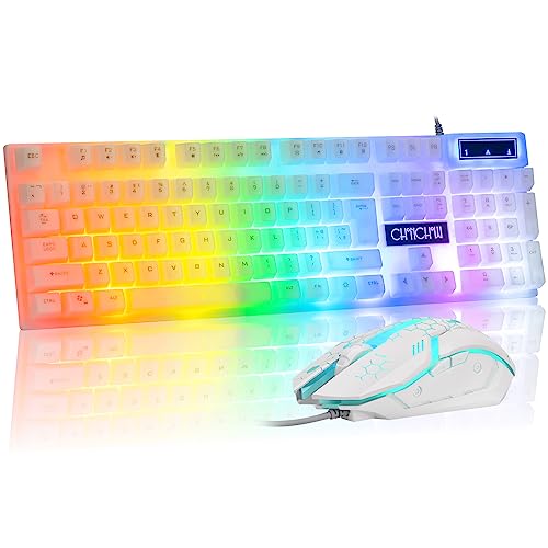 CHONCHOW LED Keyboard and Mouse, 104 Keys Rainbow Backlit Keyboard and 7 Color RGB Mouse, White Gaming Keyboard and Mouse Combo for PC Laptop Xbox PS4 Gamers and Work