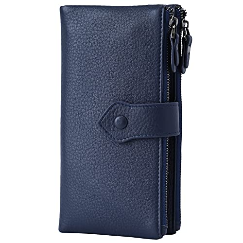 Bveyzi Women Soft Leather RFID Blocking Bifold Slim Wallets Ladies Credit Card Holder Double Zipper Pocket(Deep Blue)