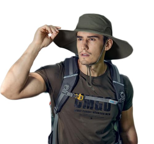 Mens Sun Hat with UV Protection Wide Brim Sun hats for Men Waterproof Sun Hats for Fishing Hiking Camping Army-green