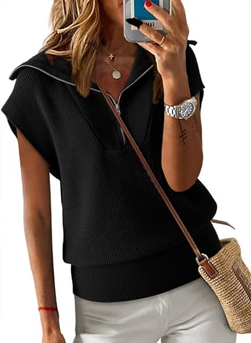Dokotoo Women's Casual Sleeveless Half Zip Pullover Sweaters Womens Spring Fashion 2024 Sweater Vest Women Solid V Neck Collar Ribbed Knitted Loose Sweaters Cozy Sweater Black Medium