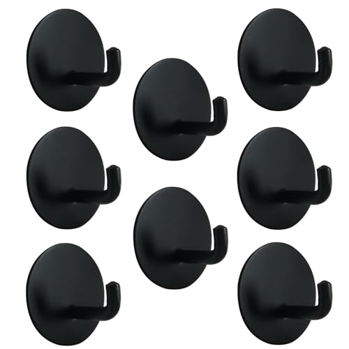 Yukrilt Black Adhesive Hooks - 8 Pack 15lb(Max) Sticky Wall Hooks for Hanging, Waterproof Rustproof Removable Stainless Steel Towel Hooks, Bathroom Kitchen Shower Heavy Duty Self Adhesive Hooks