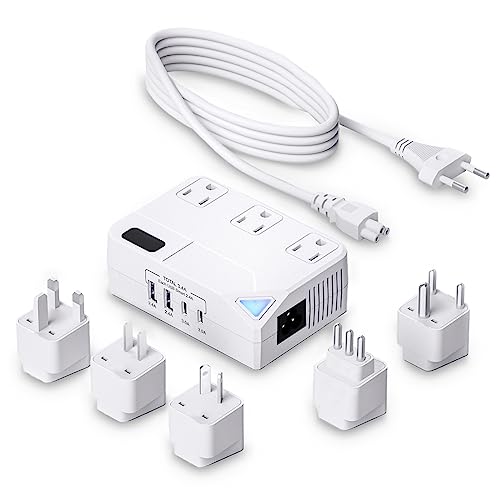 Universal 100V-220V Travel Converter, 250W Travel Voltage Converter for curlers, straighteners, Chargers, Power Plugs with 2 USB 2 Type-c Charging Ports and 3 AC Plugs, Including A,C,D,G,I,L Type