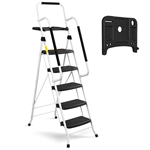 HBTower 5 Step Ladder with Handrails with Tool Platform, 330 LBS Folding Step Stool Portable Steel Ladder for Adults for Home Kitchen Library Office，White