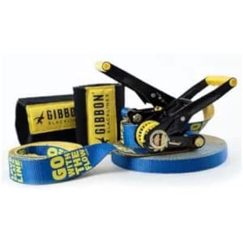 GIBBON Slacklines Flowline with treewear, Yellow/Blue, 82ft (74 ft line + 8ft Ratchet Strap with Reinforced Loop) 1' line, 2 x 2 Ratchet Straps of 2.5m Length, Tree and line Protection (Black Felt)