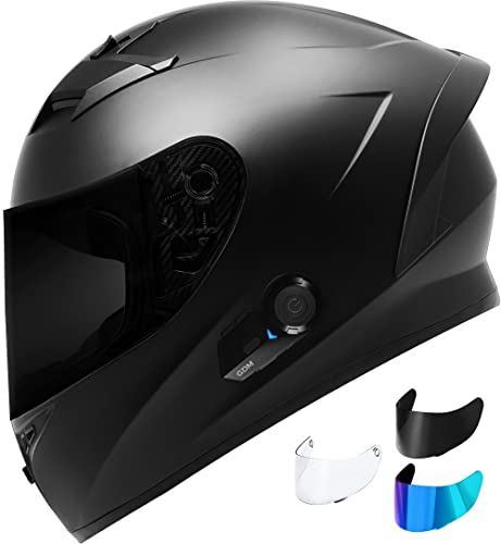 Bluetooth Motorcycle Helmet with Clear, Tinted, Iridium Shields (Medium, Flat Black)