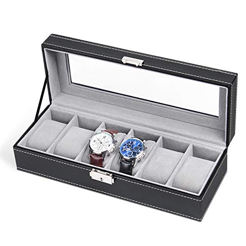 NEX 6 Slots Watch Box Organizer for Men, Black Watch Holder Stand Display Storage Case