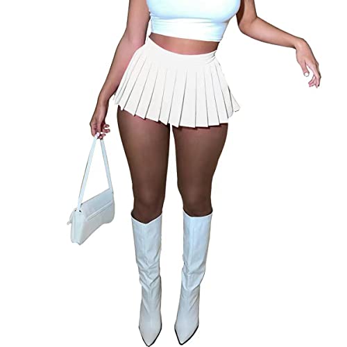 Women's Mini Pleated Skirts Sexy Club Y2k High Wiast Stretchy Tennis Skater A-line Skirt (White S)