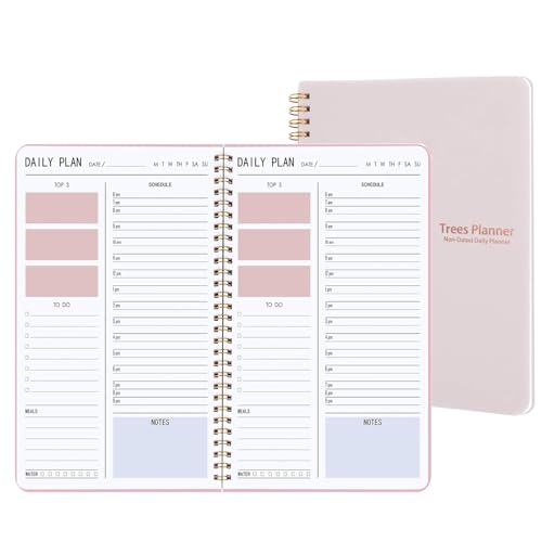 Daily Planner Hourly Schedules Appointment Planner Undated with To-Do List,Meals,Notes 10'X7.3',Flexible Cover,Twin-Wire Binding Pink for Women