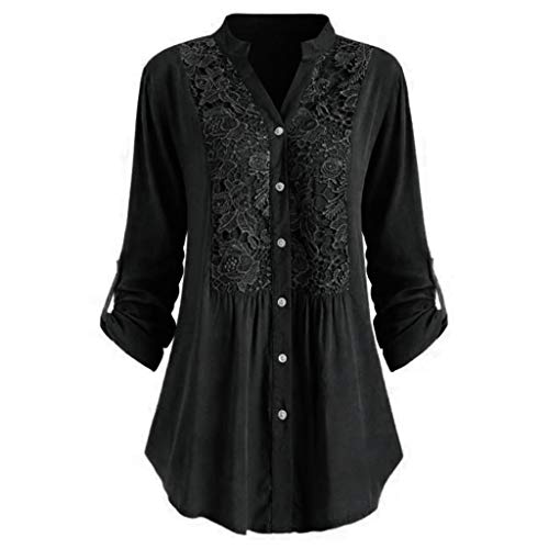 LFEOOST Flower Lace Tops for Women Casual Summer Long Sleeve Button V Neck Shirts Plus Size Loose T-Shirt Blouses