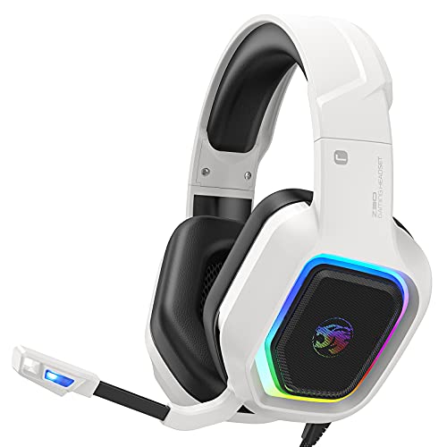 ZIUMIER Z30 White Gaming Headset for PS4, PS5, Xbox One, PC, Wired Over-Ear Headphone with Noise Isolation Microphone, RGB Flowing LED Light, Bass Surround Sound