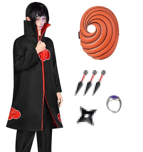 Antsparty Anime Cloak Robe Itachi Uchiha Costume Kids Adult Men Uniform Plastic Obito Mask Halloween Costume Cosplay (M)