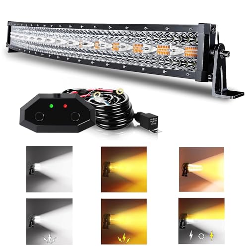 ASLONG 32 Inch 180W Curved LED Light Bar White/Amber Flasing Strobe with Six Modes Spot Flood Combo Offroad Driving Light, 1pcs Wiring Harness Switch for Pickup Offroad Truck 4WD SUV ATV UTV