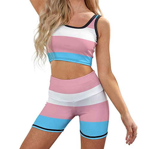 Workout Outfits for Women,Transgender Pride Flag LGBT 2 Piece Yoga Sets Shorts with Sports Bra Activewear Set
