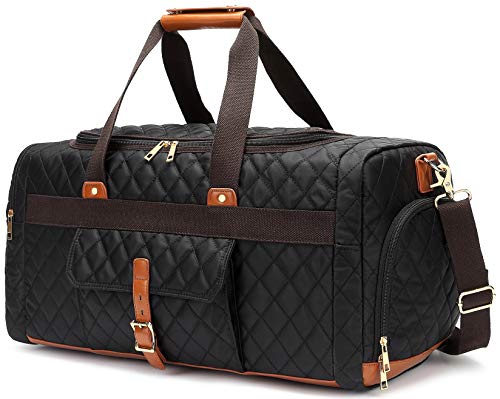 BLUBOON Weekender Overnight Duffel Bag with Shoes Compartment for Women Men Canvas Weekend Travel Tote Carry On Bag (Quilted-Black)