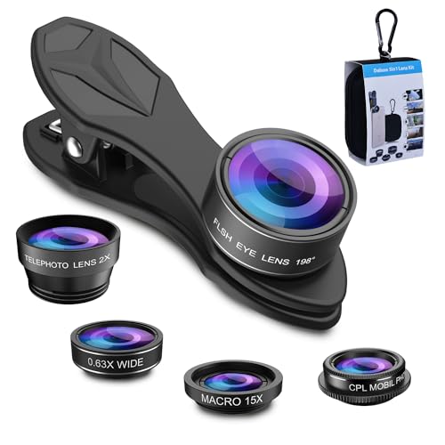 MIAO LAB 5 in 1 Phone Camera Lens Kit -0.63X Wide Angle Lens & 15X Macro Lens+190°Fisheye Lens/CPL + 2X Telephoto Lens Compatible with iPhone Samsung Sony and Most of Smartphone