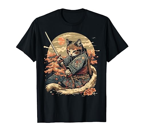 Japanese Art Cat Ninja Ukiyo-e Anime Style Samurai Cat T-Shirt