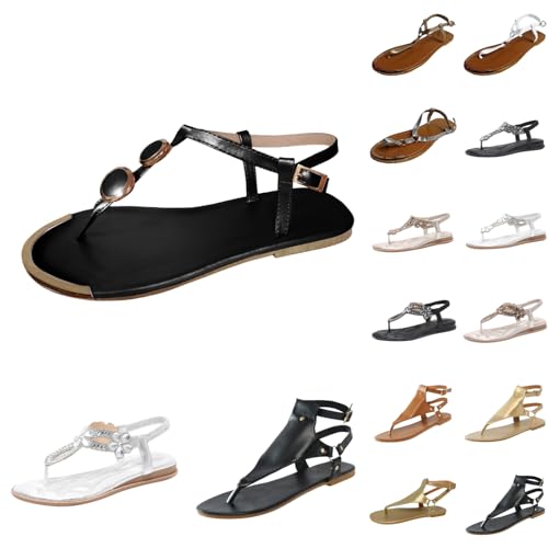 Shengsospp Women's Casual Thong Sandal with Elastic Strap Open Toe Flats Sandals With Buckle Retro Roman Sandals Flip Flops Shoes 02_White, 5.5