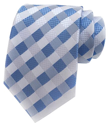 Secdtie Men's Classic Checks Light Blue Jacquard Woven Silk Tie Necktie