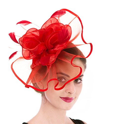 Fascinator Women's Organza Church Kentucky Derby British Bridal Tea Party Wedding Hat Summer Ruffles Cap(Hj2-Red)