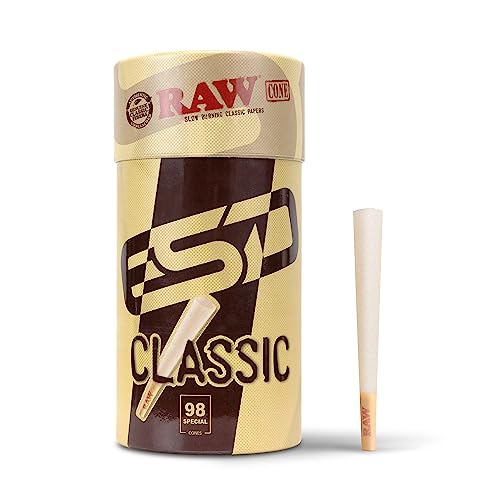 RAW Cones Classic 98 Special | 100 Pack | Natural Slow Burning Pre Rolled Rolling Papers with Tips & Packing Tubes Included
