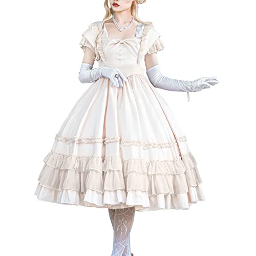 ZZEQYG French Solid Color Elegant Court Dress Short Sleeve Ruffled Big Swing Dresss (M, White) …