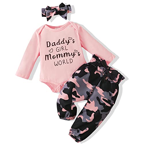 Renotemy Newborn Girl Clothes Camo Outfits Ruffle Long Sleeve Tops + Pink Camo Baby Girl Clothes 3-6 Months