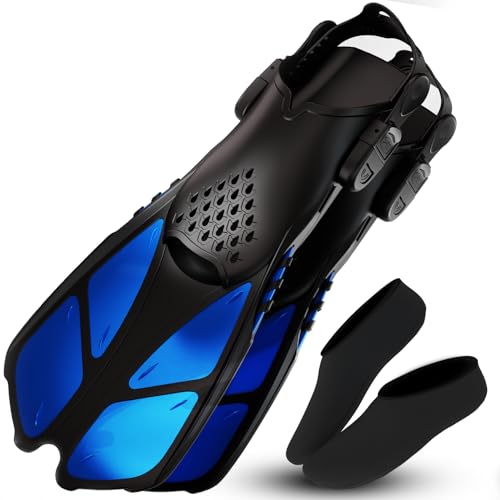 COZIA DESIGN Adjustable Swim Fins – Diving Fins, Travel Size Scuba Snorkel Fins for Snorkel Set Adult, Neoprene Water Socks Included with The Swimming Fins for Adults (Blue - L/XL)