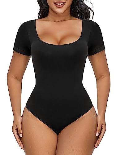 SHAPERX Seamless Short Sleeve Bodysuit for Women Tummy Control Shapewear Thong Sculpting Body Shaper,SZ5253-Black-S/M