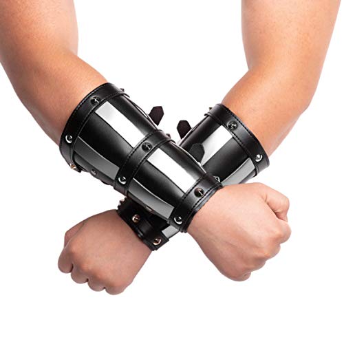 HZMAN Adults Faux Leather Arm Guards Medieval Metal Armor Style Bracers Leather adjustable Black Armband