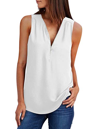 ZKESS Women's Sleeveless V Neck Half Zip Up Tank Casual Summer T Shirt Blouse Tops White Small Size