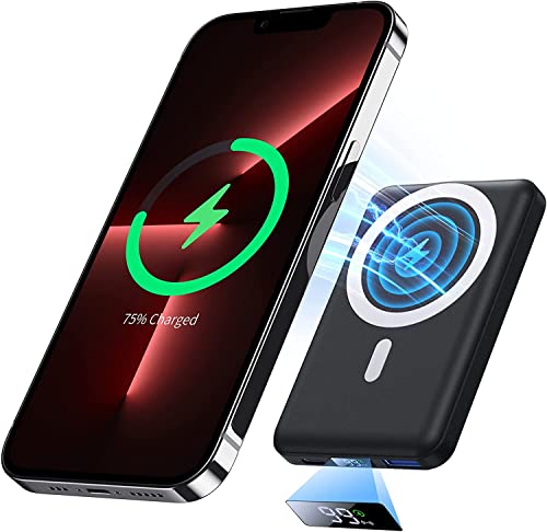 Yiisonger Wireless Power Bank, Slim 10000mAh Magnetic Portable Charger 22.5W PD Fast Charging, Mini Mag-Safe Battery Pack QC3.0 LED Display Compatible with iPhone 15/14/13/12 Pro/Mini/Pro Max(Black)