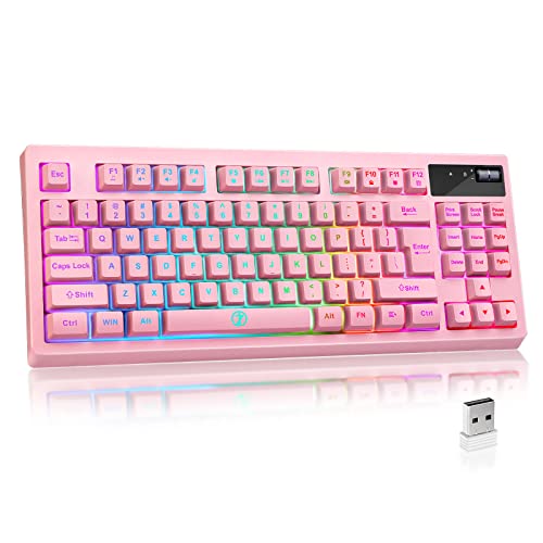 ZJFKSDYX L87 Wireless Gaming Keyboard, Rechargeable 3000mAh 2.4G LED Backlit Wireless Keyboard, Ergonomic Keyboard with Mechanical Feeling Keys for PC PS4 Xbox One Mac, Teclado Gamer (Pink)