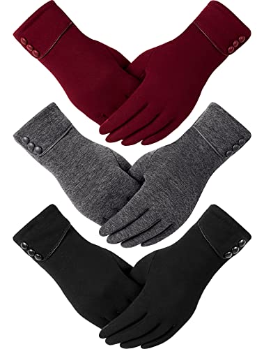 Dimore 3 Pairs Winter Gloves for Women Cold Weather with Touch Screen Fingers Warm Thick Texting (3pair(1black+1dgrey+1wred))