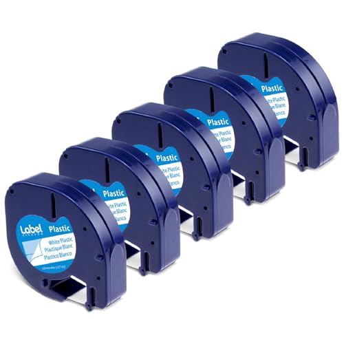 Label KINGDOM Label Replace DYMO LetraTag Label Maker Refills 91331 White Plastic Label Tape 12mm x 4m (1/2' x 13') for Dymo Letra Tag 200B LT 100H Plus Printer, Black on White, 5-Pack