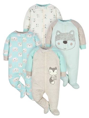 Gerber Baby Boys' 4 Pack Sleep 'N Play Footie, Aqua Fox, 3-6 Months