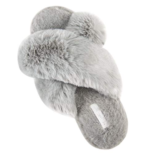 HALLUCI Women's Cross Band Soft Plush Fleece House Indoor or Outdoor Slippers (Medium, Grey)