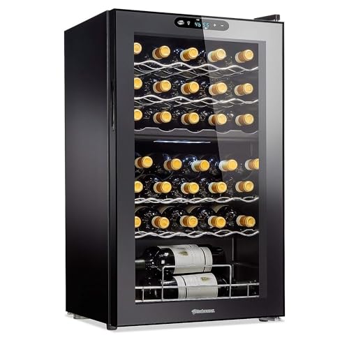 Wine Enthusiast 32-Bottle Dual Zone MAX Compressor Wine Cooler - Freestanding Refrigerator with Split Storage & Temperature, Digital Touchscreen, & LED Display