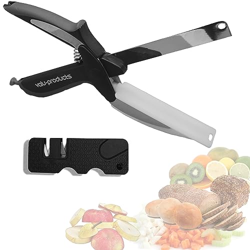 Veggie Slicer Scissors Food Chopper - Plus Knife Sharpener - 2 in 1 Scissor Cutting Board Slicer Vegetable Cutter - Kitchen Gadget Salad Scissors Gift Idea