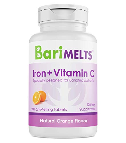 BariMelts Iron with Vitamin C, Dissolvable Bariatric Vitamins for WLS Patients Including Gastric Bypass and Sleeve Gastrectomy, Natural Orange Flavor - 90 Fast Melting Tablets