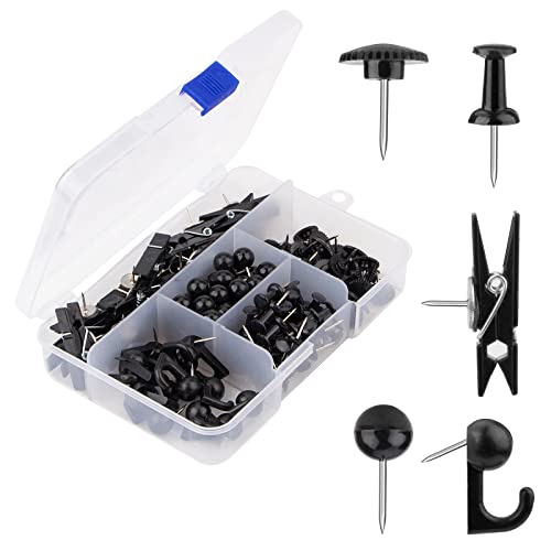 Black Push Pins Set, 5 Styles 140-count Thumb Tacks Map Pins, Steel Point and Dark Plastic Head Pushpins Black Thumbtacks for Cork Board Bulletin Boards (Black-140pcs)
