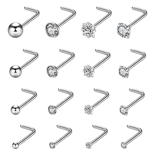 16pcs 20g Stainless Steel Nose Stud for Women 20g Nose Ring Surgical Steel L Shape Nose Stud 1.5mm 2mm 2.5mm 3mm CZ Body Piercing for Women Men (20G, Pin Length 6.5mm L)