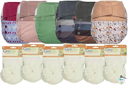 GroVia Hybrid Part Time Package: 6 Shells + 12 No Prep Soaker Pads (Color Mix 4 - Hook & Loop)