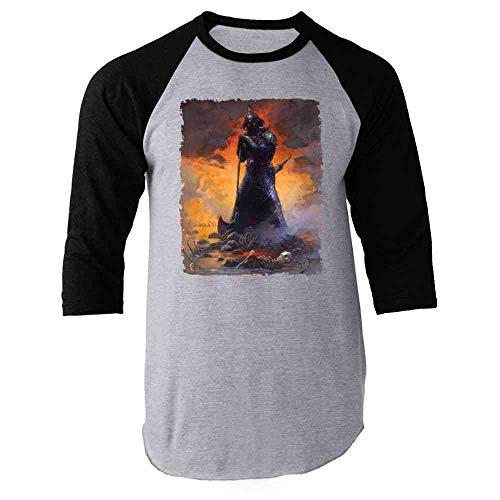 Pop Threads Death Dealer Three by Frank Frazetta Art Raglan Baseball Tee Shirt Black Sleeves M