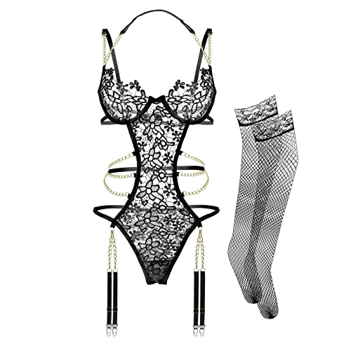 Lingerie Set for Women,3 Piece Floral Lace Chain Lingerie Set with Garter Belts Bra and Panty (Black, Large)