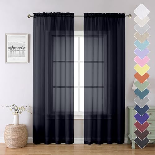 Lecloud Sheer Curtain Panels Set 84' Inches Long, Solid Voile Light Filtering Airy Curtains Window Treatment Drapes for Living Room, 2 Panels Elegant Bedroom Sheer Curtains, Black, 40' Wx84 L