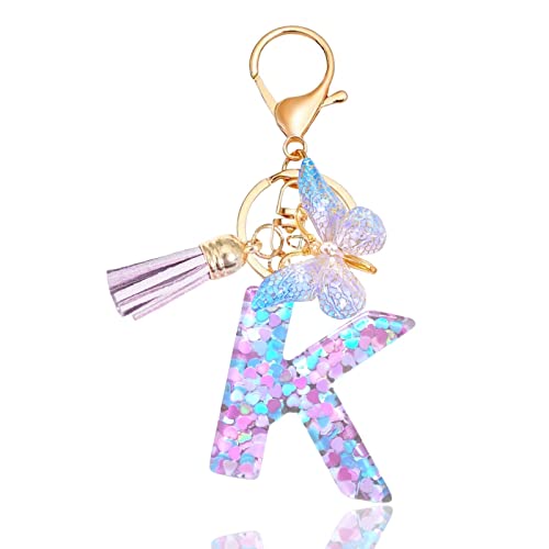 Meefisher Purple-Blue Resin Alphabet Initial Letter Bulk A-Z Keychain Tassel Butterfly Pendant Bag Charms Key Ring for Backpack Purse Wallet Handbags Car Keys Women Girl,Pink Cute,K