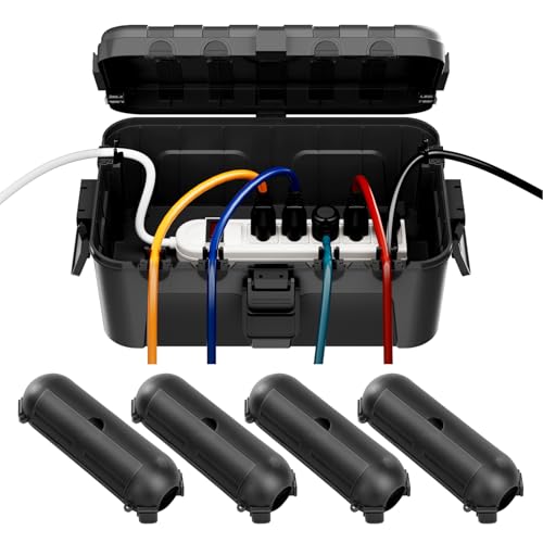 RESTMO IP54 Extra Large Outdoor Box w/ 6 Cable Seal Entry, Bundle w/ 4 Small Weatherproof Extension Cord Safety Cover, Protect Power Strip, Timer Outlet Plug, Christmas Decoration, Black.