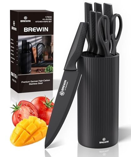 Knife Set, Brewin Kitchen Knife Set, Knives Set for Kitchen with Universal Knife Block, Utility Knife Block Set, Dishwasher Safe. Premium German Stainless Steel, The Best Gift, Black